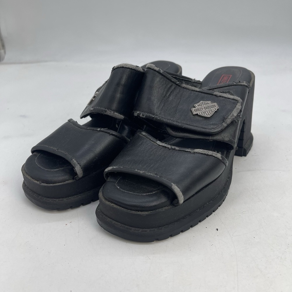 HARLEY DAVIDSON Leather Sandals Womens 8.5 Heels Chunky Platform y2k Black
